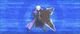 a man in a purple robe is holding a shield and a sword .