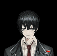 a drawing of a boy in a suit and tie with a patch that says no1