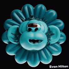a blue flower with a monkey face and the name evan hilton under it