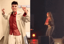a man in a trench coat and a woman in a red shirt