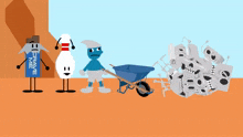 a cartoon of a smurf pushing a wheelbarrow next to a battery that says grave