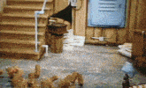 a room with stairs and a phonograph in the background