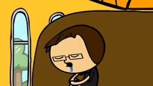 a cartoon of a man wearing glasses sitting in front of a window
