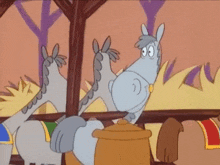 a cartoon of three horses standing next to each other in a stable
