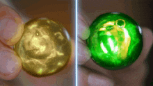 a gold coin and a green ball with a dragon on it