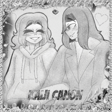 a black and white drawing of two people with the name kaui canon on the bottom right