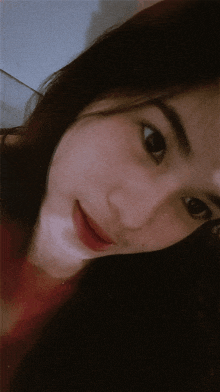 a close up of a woman 's face with a slight smile on her face
