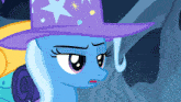 a cartoon pony with a purple hat with stars on it