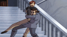 a cartoon of a man carrying another man up a set of stairs