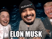 a man wearing a beanie that says multivers on it smiles next to elon musk