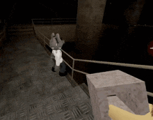 a video game shows a rabbit standing next to a railing in a dark room