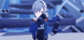 a girl in a blue jacket and black gloves is dancing in a room .