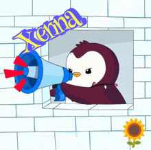 a cartoon of a penguin holding a megaphone with the name kenta written above it