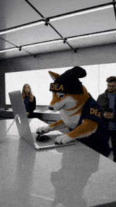 a dog wearing a dea hat is using a laptop computer