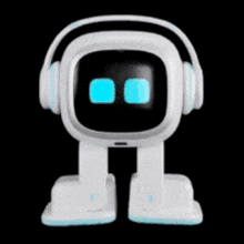 a robot wearing headphones and a helmet with the letter r on it