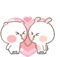 a couple of rabbits kissing in front of a heart