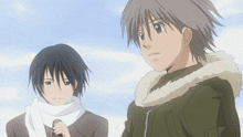 two anime characters standing next to each other with a blue sky in the background