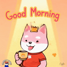 a pink dog with a crown on its head holds a cup of coffee