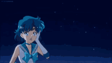 a girl with blue hair is wearing a sailor outfit and giving a thumbs up