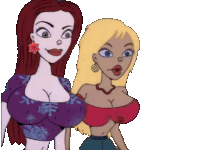 two cartoon women with big breasts are standing next to each other on a white background
