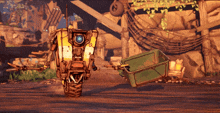 a yellow and white robot with a blue eye is pulling a green container