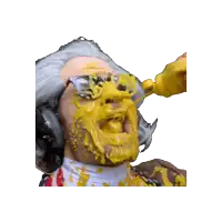 a man with a wig and sunglasses is covered in yellow sauce