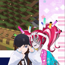 a girl wearing a headband that says " give " stands next to another girl