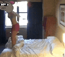 a cartoon of a woman standing on a bed with a mouse on top of her head
