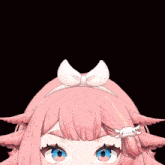 a close up of a girl with pink hair and blue eyes