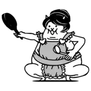 a black and white drawing of a woman in an apron holding a spoon and a mirror .