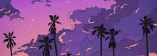 a cartoon illustration of palm trees against a purple sky with clouds