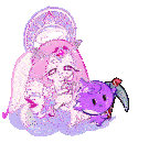 a cartoon drawing of a girl with wings and a purple cookie holding a pickaxe .
