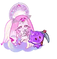 a cartoon drawing of a girl with wings and a purple cookie holding a pickaxe .