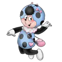 a ladybug wearing a blue and black outfit with hearts on it