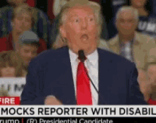 a man in a suit and tie is giving a speech in front of a crowd with the caption mock reporter with disability