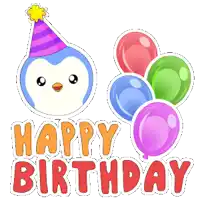 a penguin wearing a party hat is surrounded by balloons and the words happy birthday