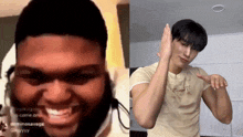 a man with dreadlocks is smiling next to a man in a tan shirt