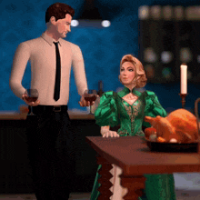 a woman in a green dress sits at a table with a man holding glasses of wine