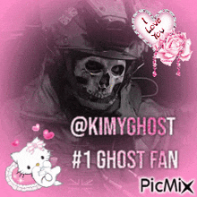 a picture of a skeleton wearing a helmet with the words " @kimyghost # 1 ghost fan " on the bottom
