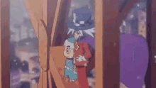 a cartoon character wearing a top hat and cape is standing in front of a window .