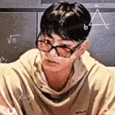 a man wearing glasses is surrounded by mathematical equations
