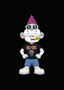 a cartoon character wearing a purple party hat and a black shirt that says ac dc
