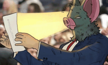 a cartoon of a man with a pig head holding a piece of paper that says gummy pig