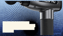a kenpho massage gun is displayed on a blue background