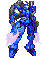 a pixel art of a blue robot with a yellow t on its chest