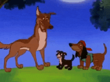 two cartoon dogs are standing next to each other on top of a grass covered hill .