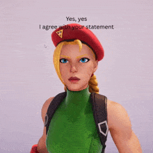 a video game character with a red beret and a green top says " yes yes i agree with your statement "