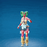 a woman with green hair is jumping in the air with her arms outstretched
