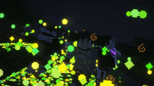 a pixel art of a person surrounded by glowing green and yellow squares