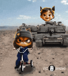 a cartoon cat is riding a tricycle in the desert